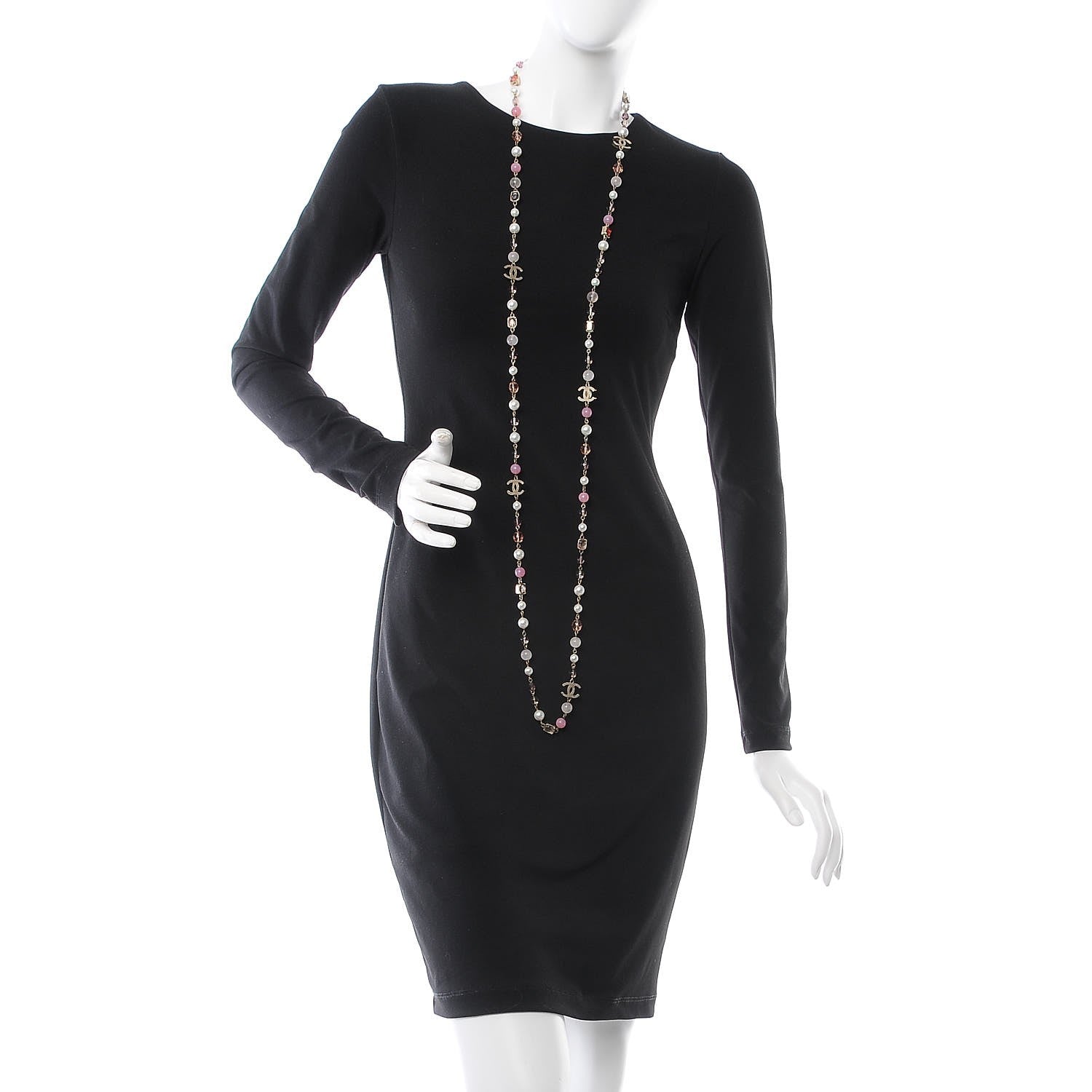 Chanel Pearl Crystal Beaded CC Long Necklace Pink Gold 2 of 4