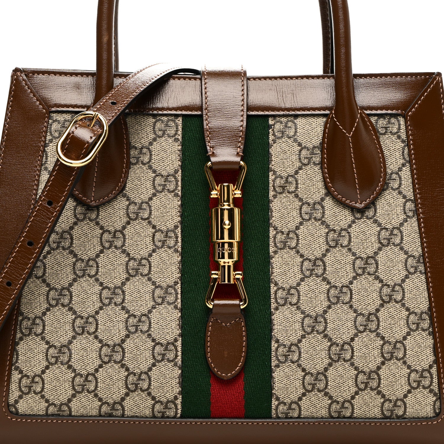 Gucci GG Supreme Monogram Azalea Calfskin Web Medium Jackie 1961 Tote Beige Ebony Brown Sugar 8 of 10