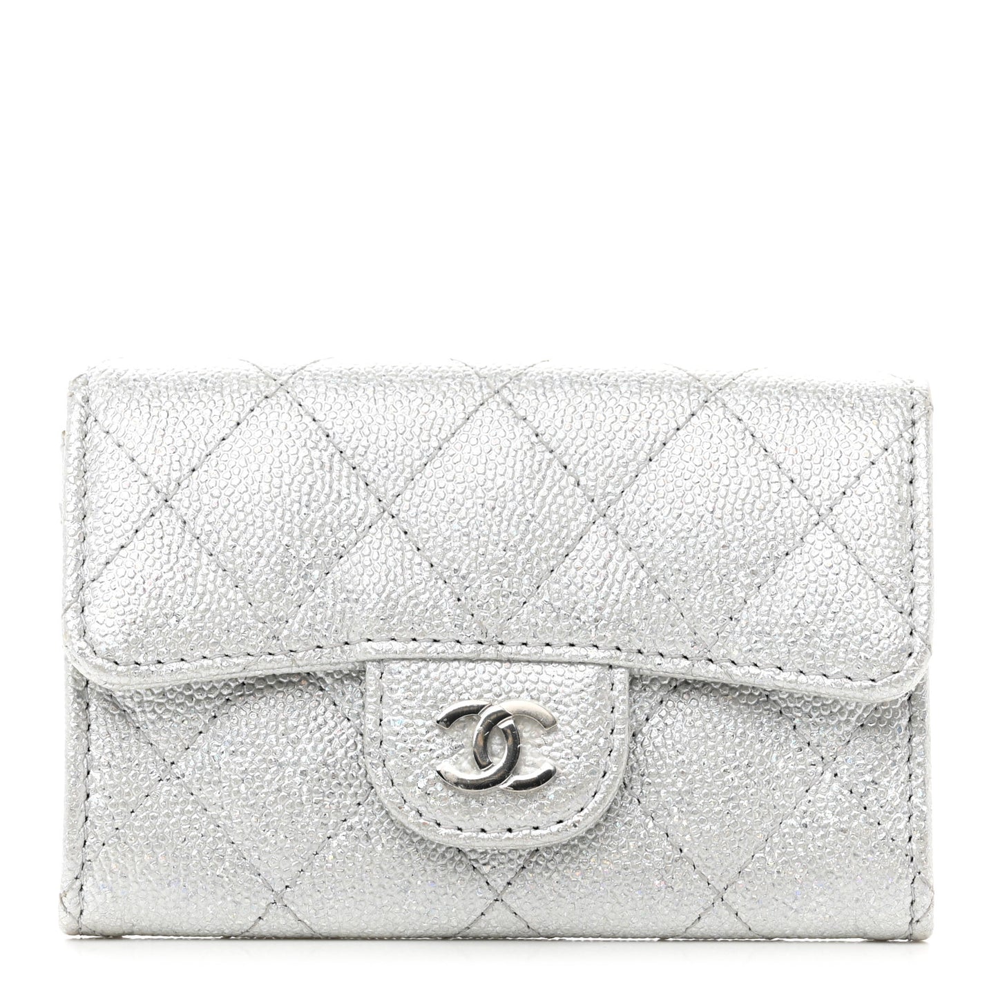 Glittered Metallic Caviar Quilted Flap Card Holder Wallet Silver