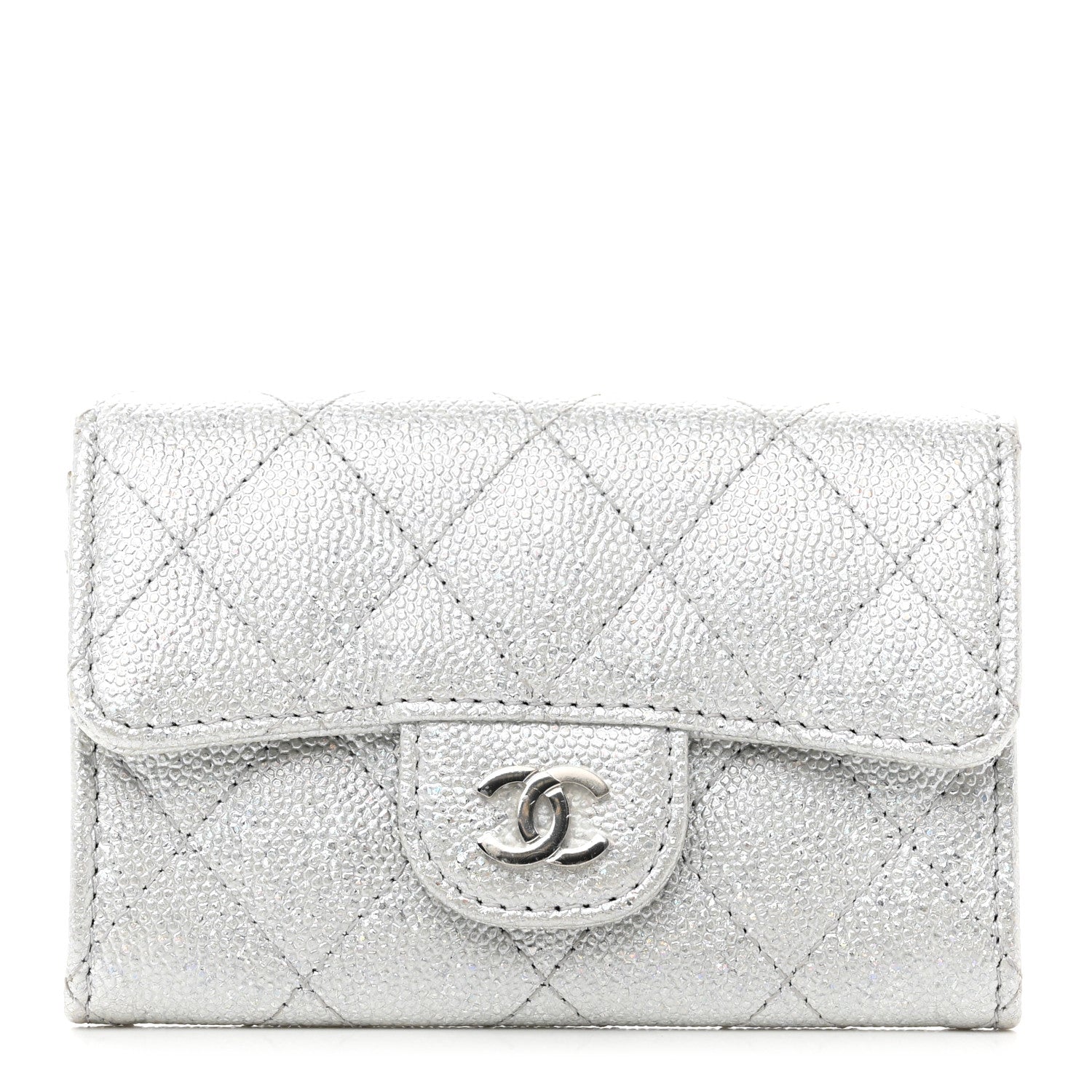 Chanel Glittered Metallic Caviar Quilted Flap Card Holder Wallet Silver 1 of 9