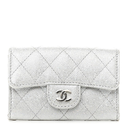 Chanel Glittered Metallic Caviar Quilted Flap Card Holder Wallet Silver 1 of 9