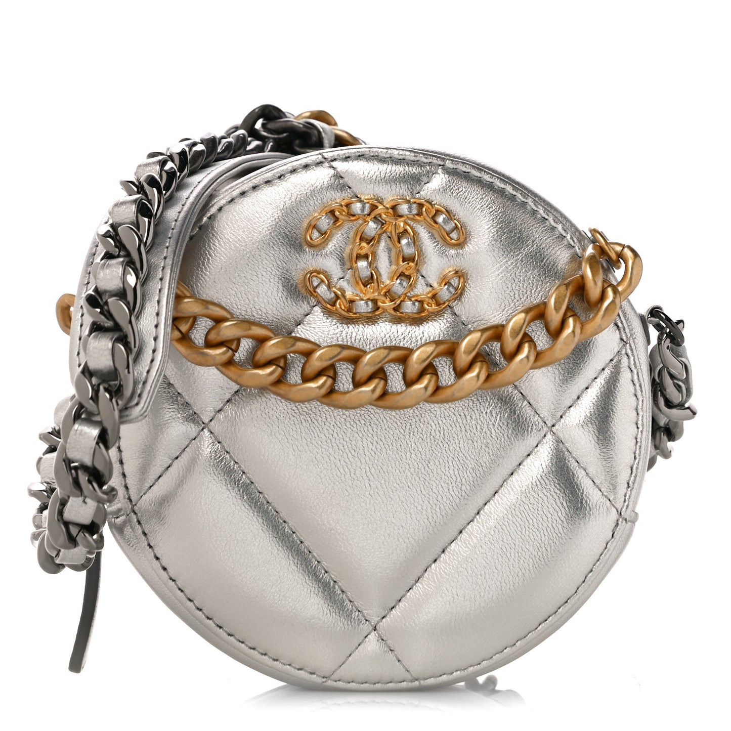 Metallic Lambskin Quilted Chanel 19 Round Clutch With Chain Silver