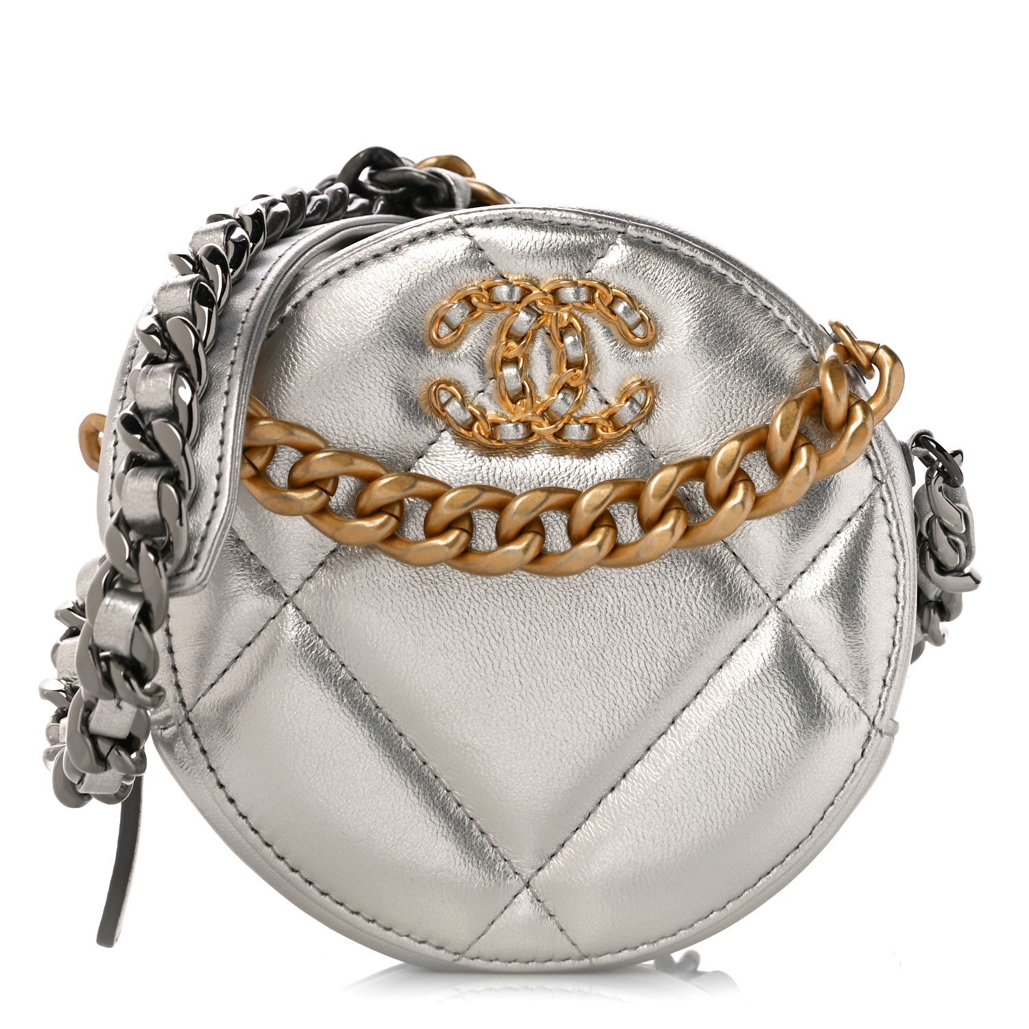 Chanel Metallic Lambskin Quilted Chanel 19 Round Clutch With Chain Silver 1 of 12