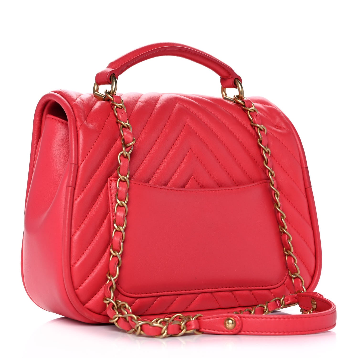 Chanel Lambskin Reverse Chevron Quilted Round Top Handle Flap Red 3 of 15