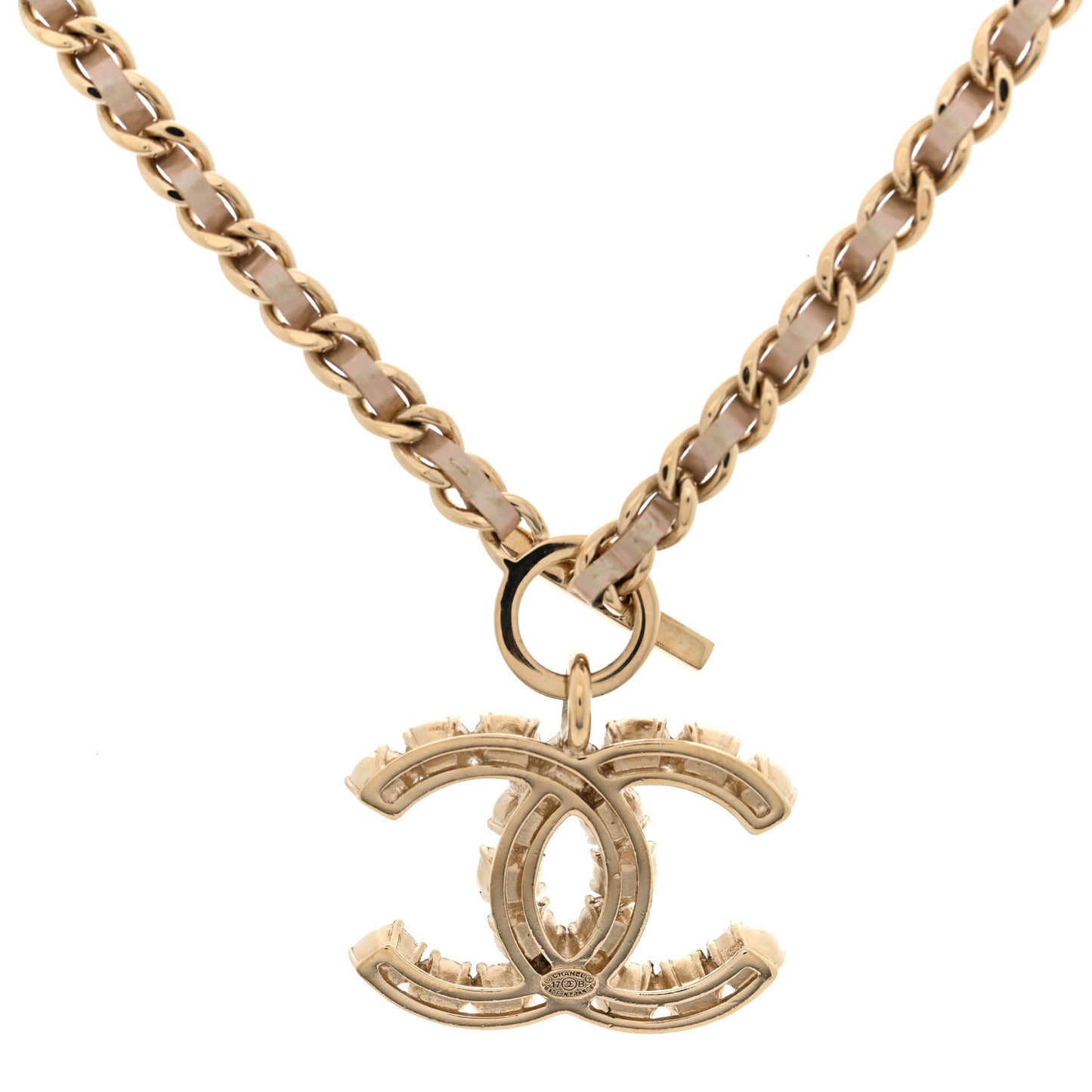 Pearl Crystal Lambskin Chain CC Dazzling Domino Necklace White Gold Pink