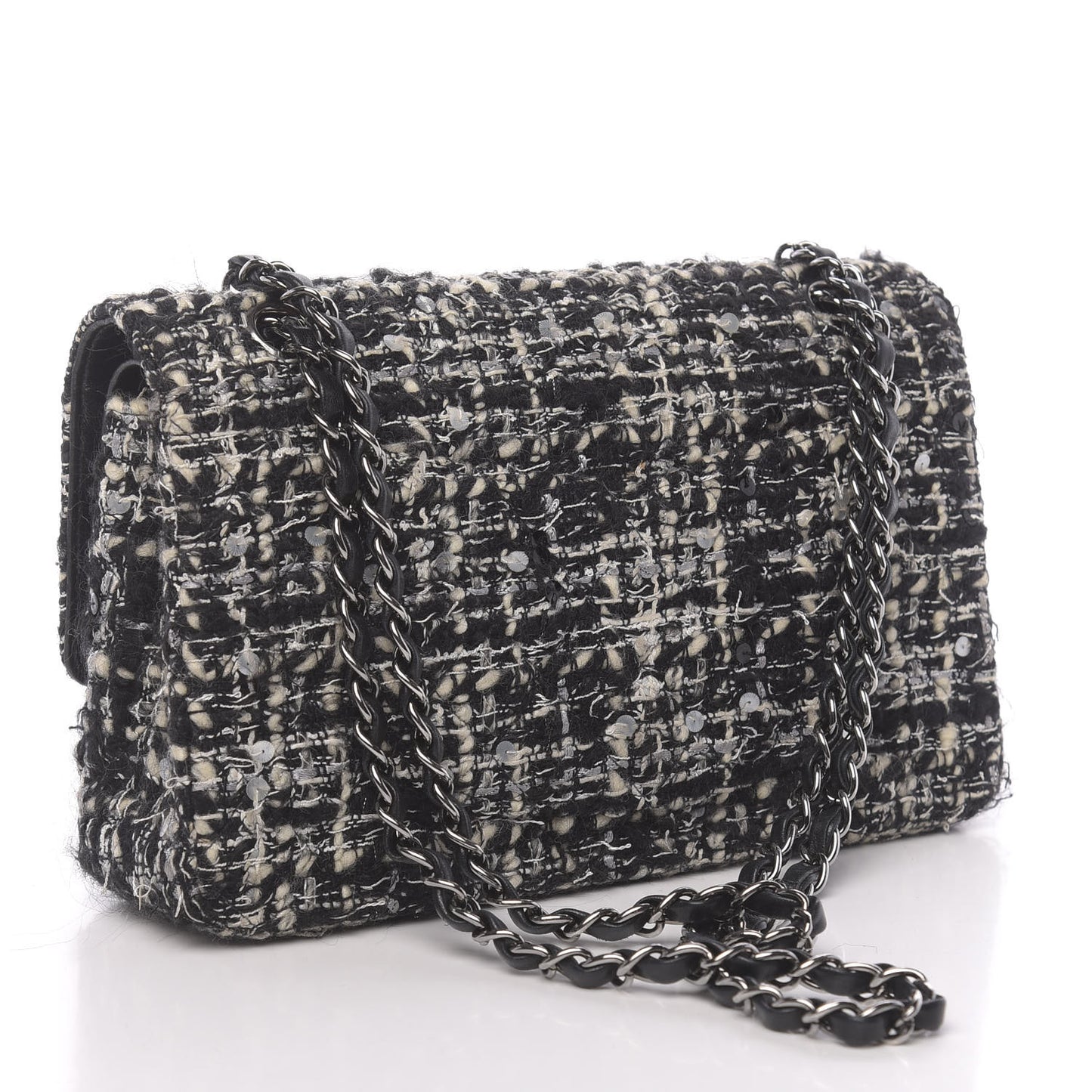 Tweed Sequin Quilted Medium Double Flap Black