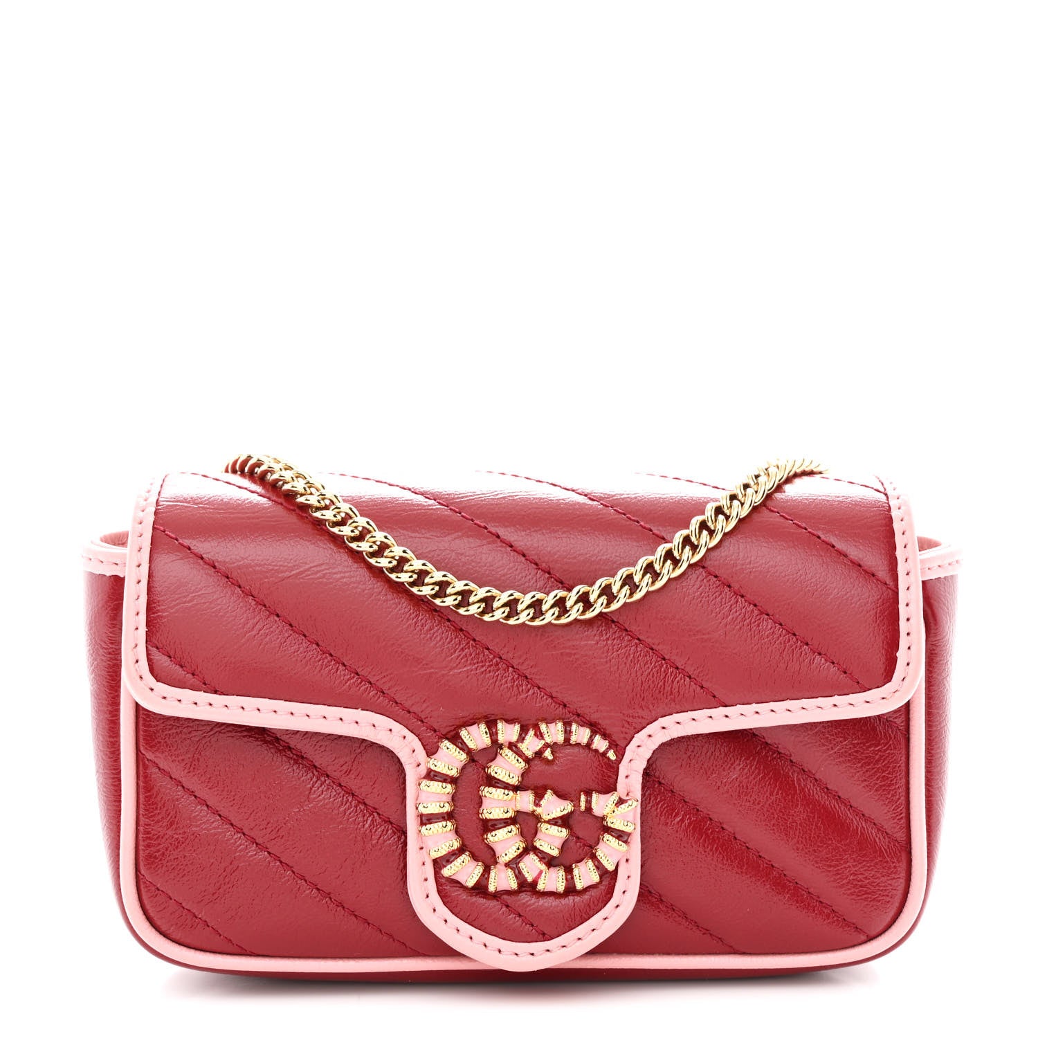 Gucci Azalea Calfskin Enamel Matelasse Diagonal Super Mini Torchon GG Marmont Shoulder Bag New Cherry Red Wild Rose 1 of 11