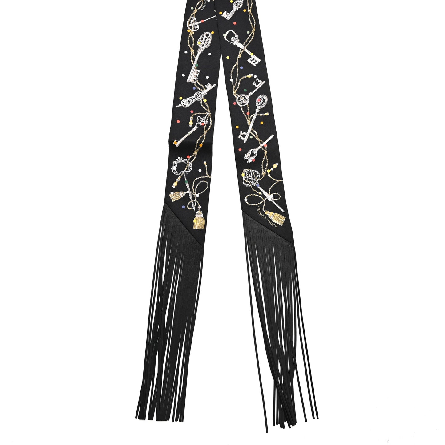 Silk Calfskin Les Cles A Pois Fringed Twilly Black Mordoré White