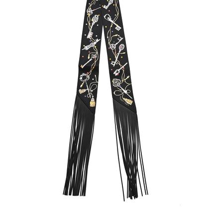 Hermes Silk Calfskin Les Cles A Pois Fringed Twilly Black Mordoré White 2 of 4