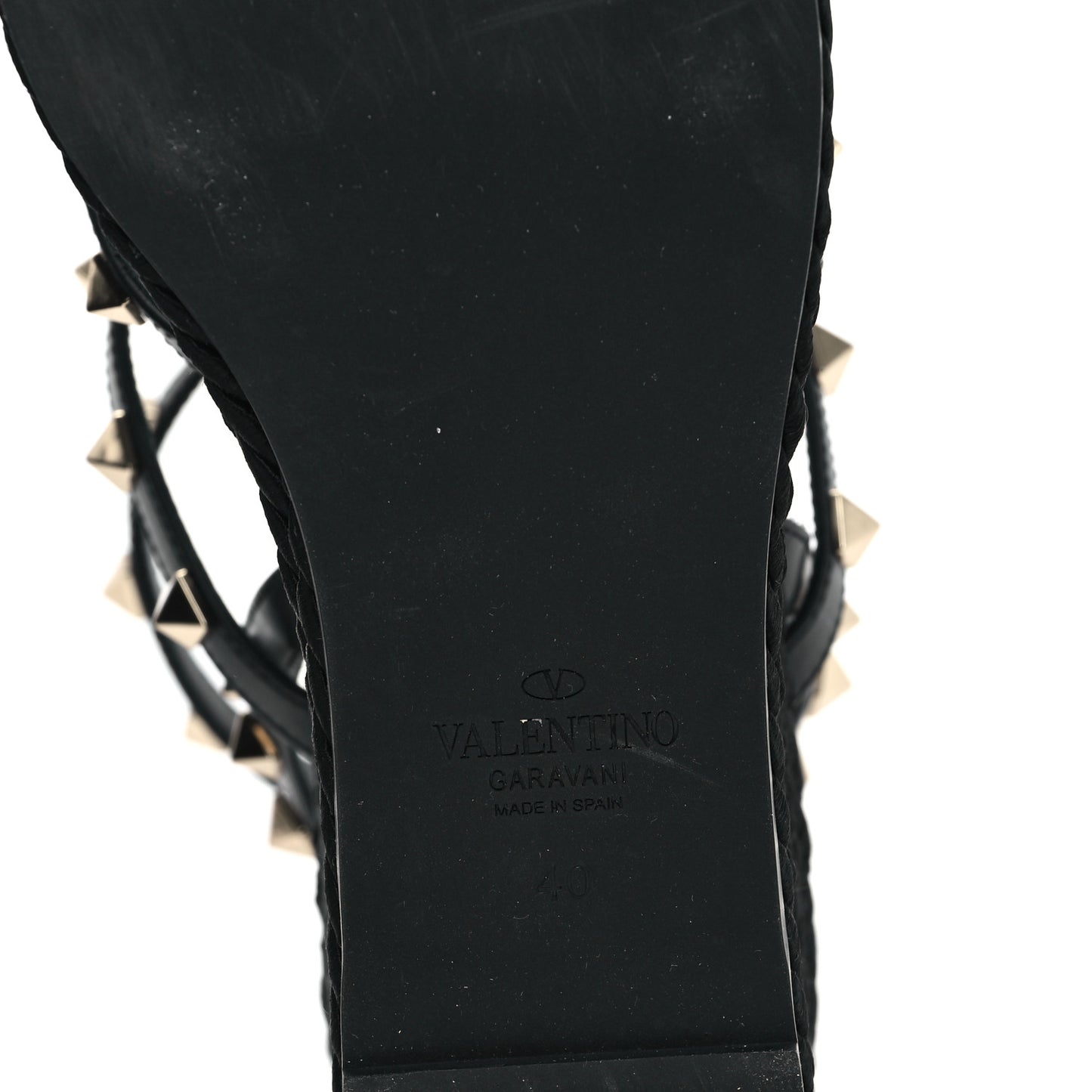 Calfskin Rockstud Ankle Strap Torchon Espadrille Caged 25/95mm Wedge Sandals 40 Black
