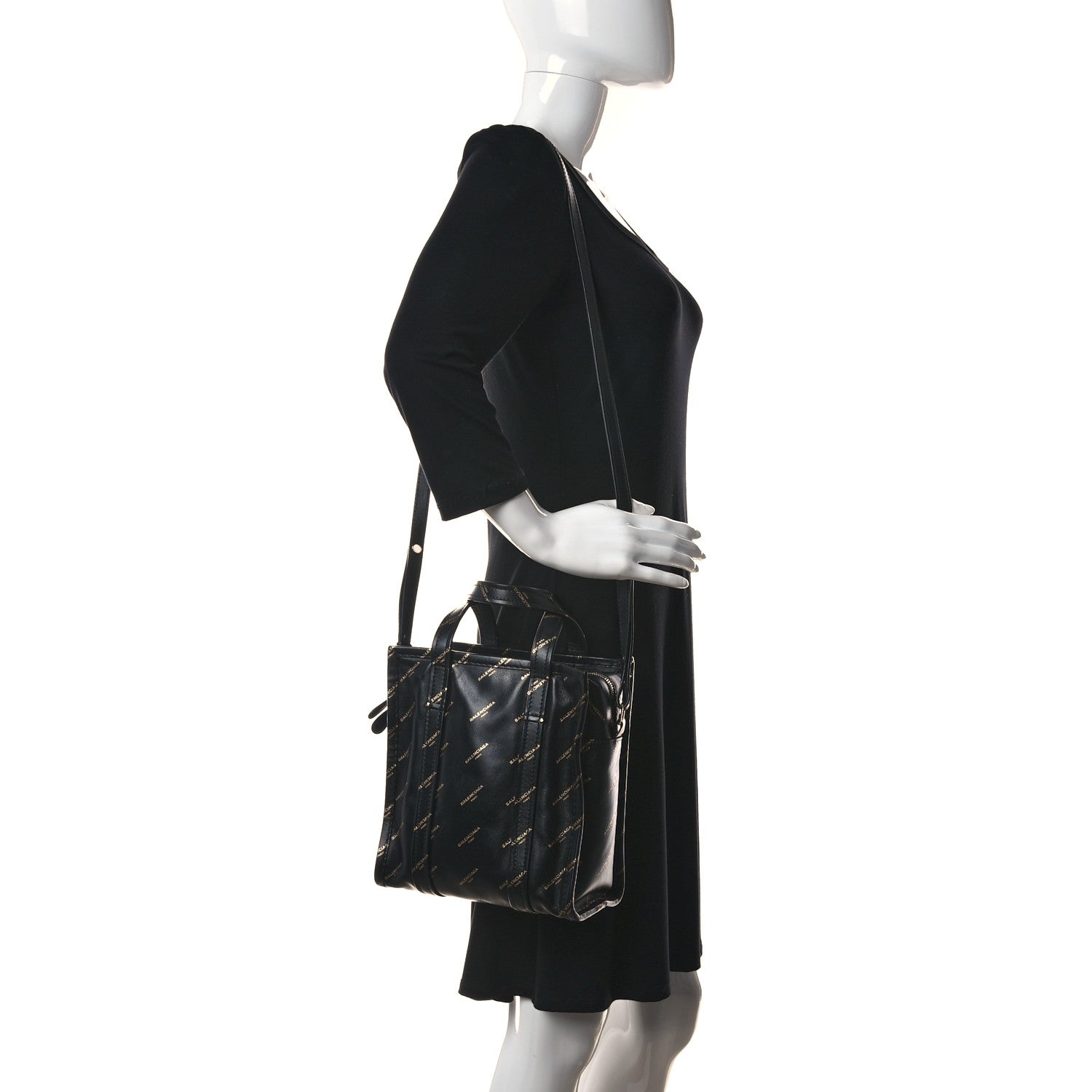Balenciaga Calfskin Allover Logo XS Bazar Shopper Tote Black Gold 3 of 16