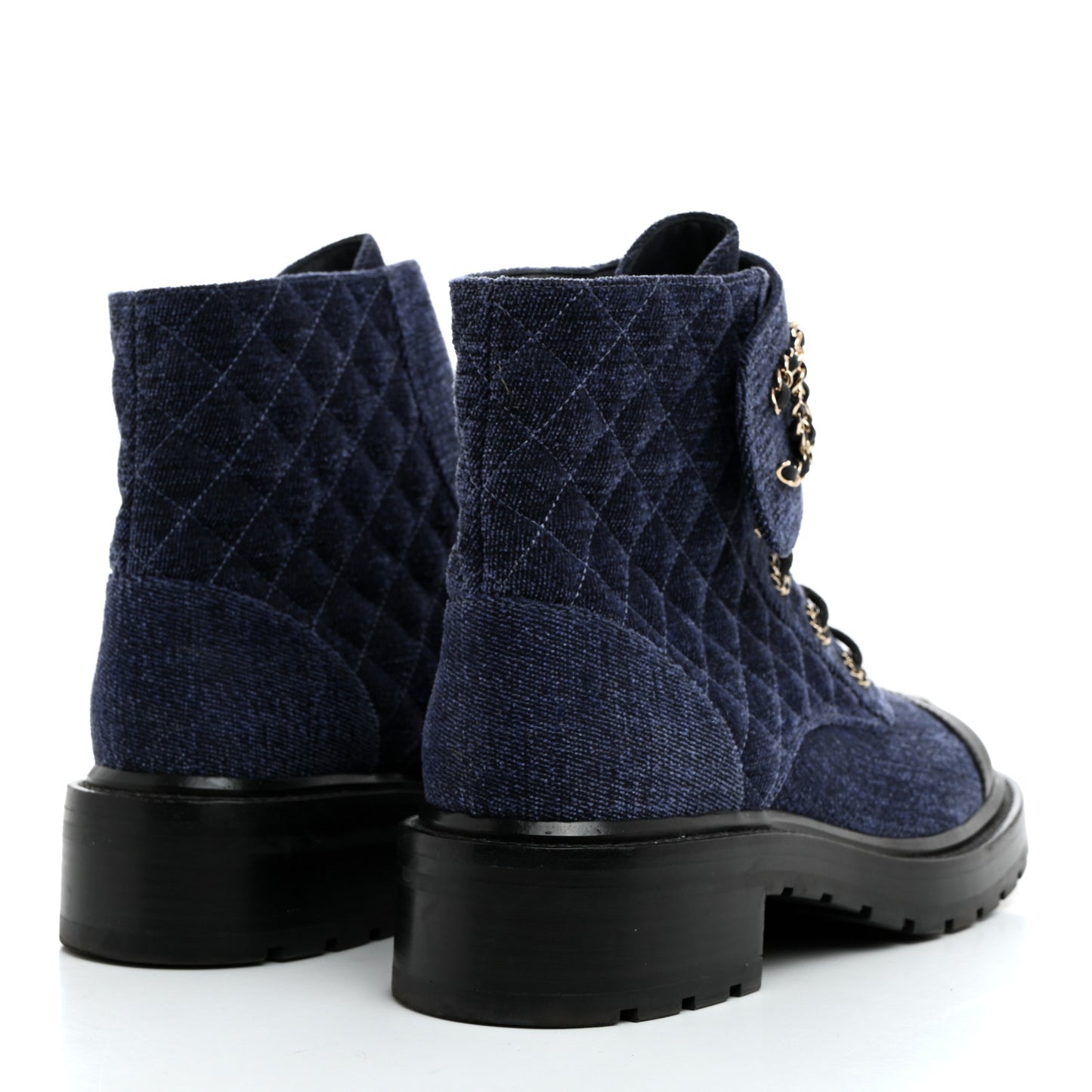 Shiny Calfskin Velvet Quilted Lace Up Combat Boots 41 Blue Black