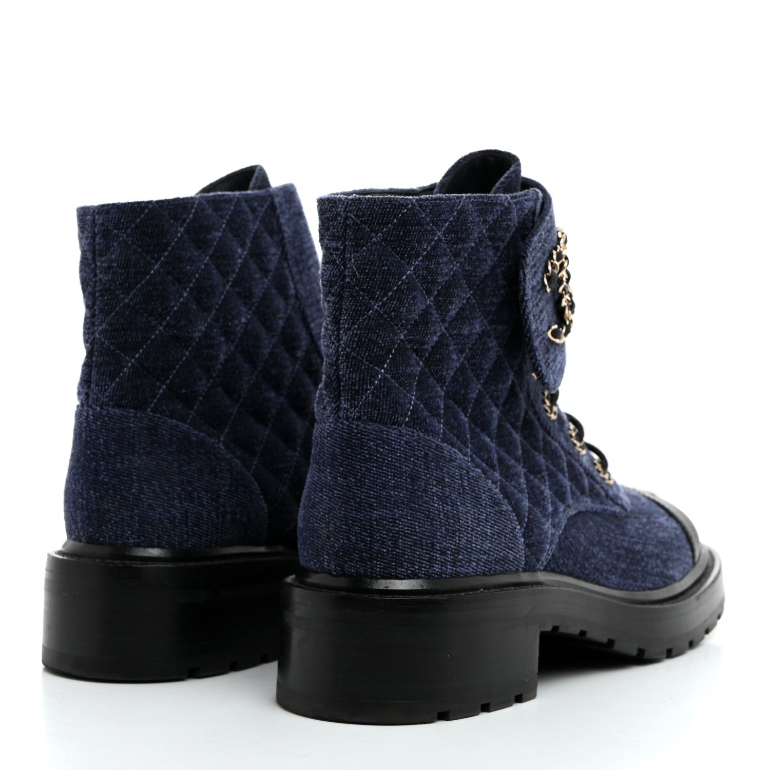 Chanel Shiny Calfskin Velvet Quilted Lace Up Combat Boots 41 Blue Black 4 of 8