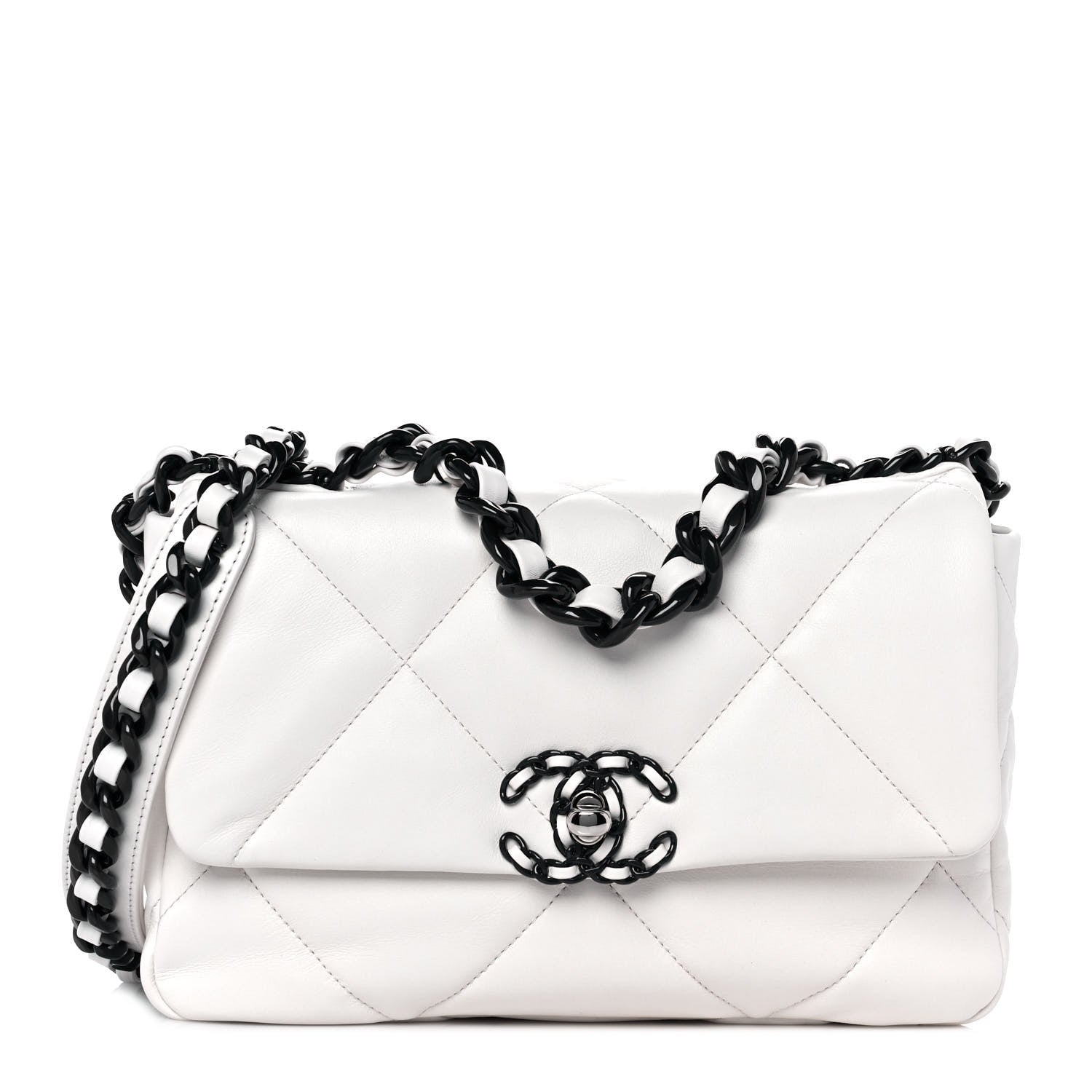 Chanel Glossy Calfskin Quilted Medium Chanel 19 Flap White Black 1 of 10