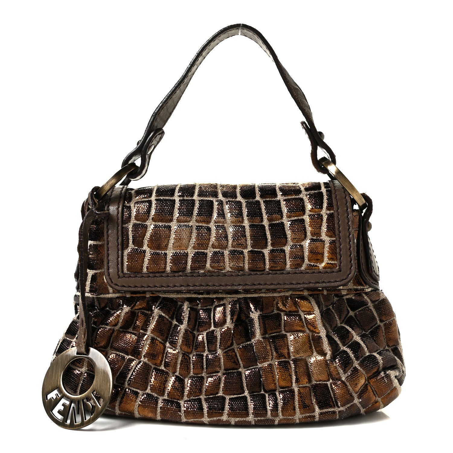 Fendi Metallic Canvas Crocodile Embossed Chef Shoulder Bag Bronze 1 of 11