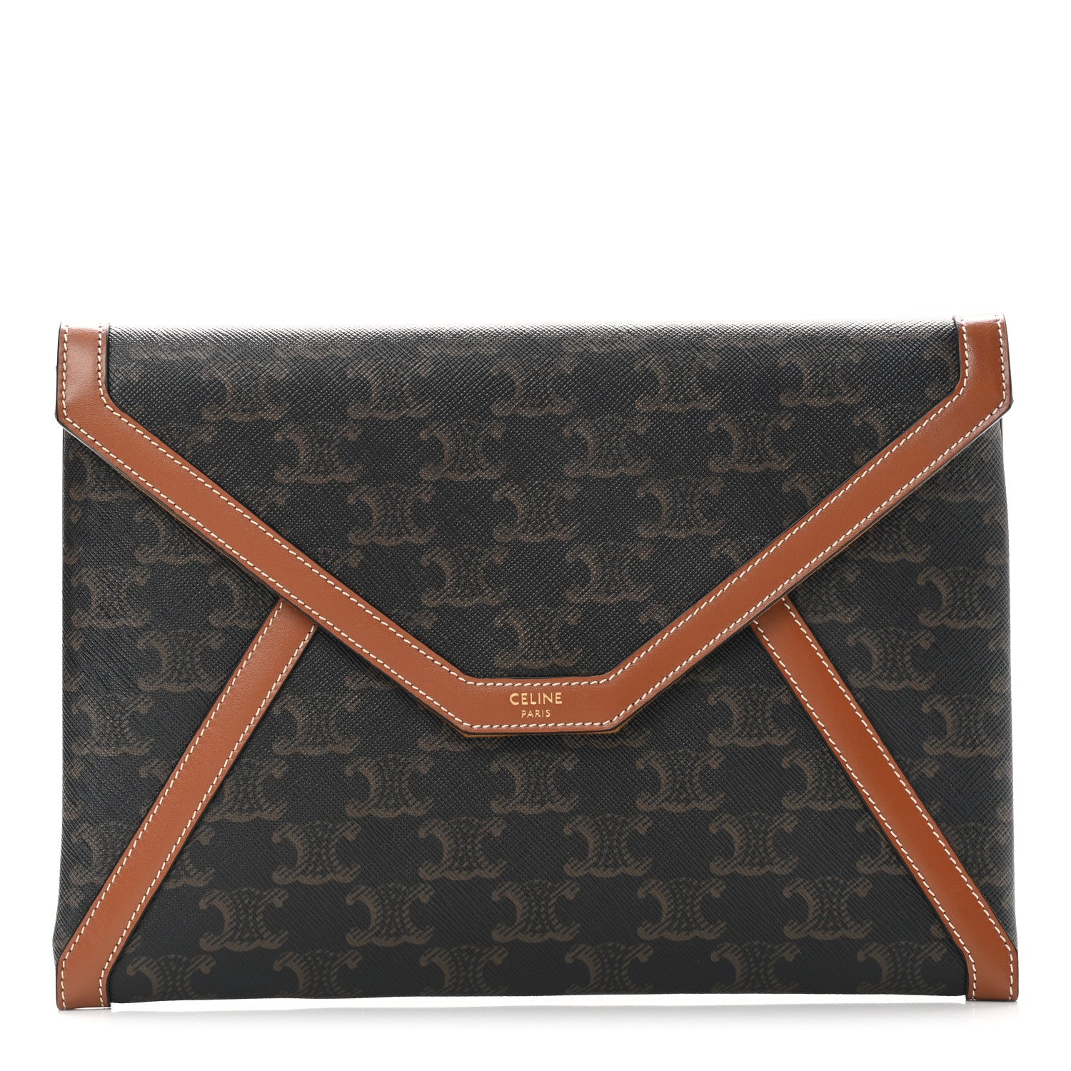 Celine Triomphe Canvas Calfskin Envelope Pouch Tan 1 of 6