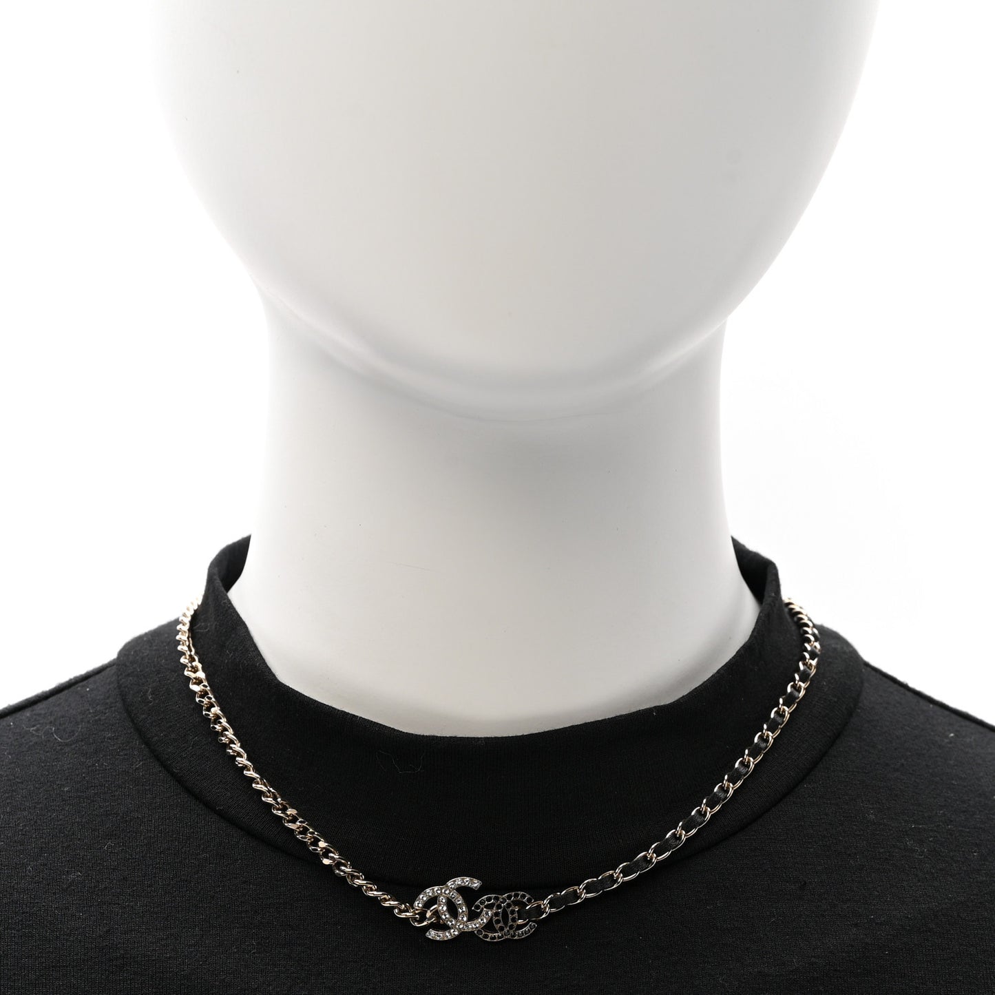 Metal Calfskin Crystal Double CC Short Necklace Black Gold