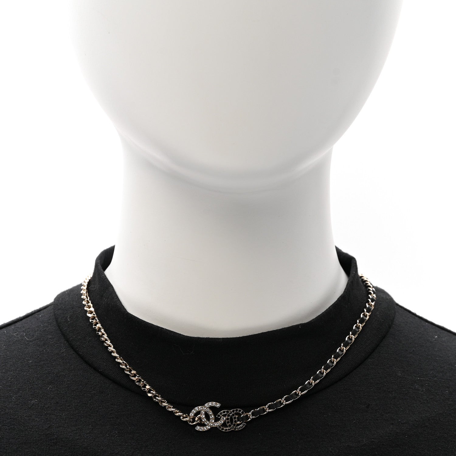 Chanel Metal Calfskin Crystal Double CC Short Necklace Black Gold 2 of 4