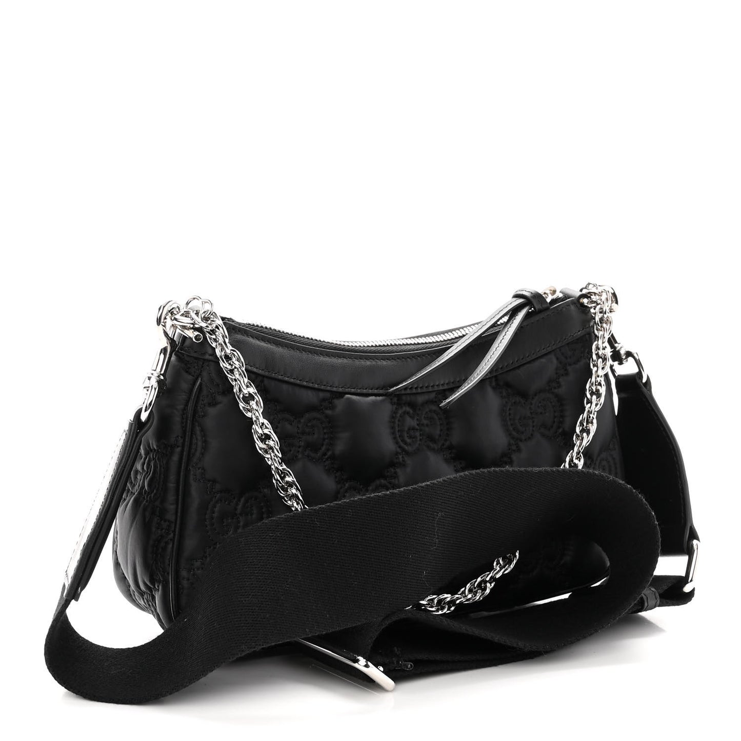 Nylon Calfskin Enamel GG Matelasse Chain Handbag Black