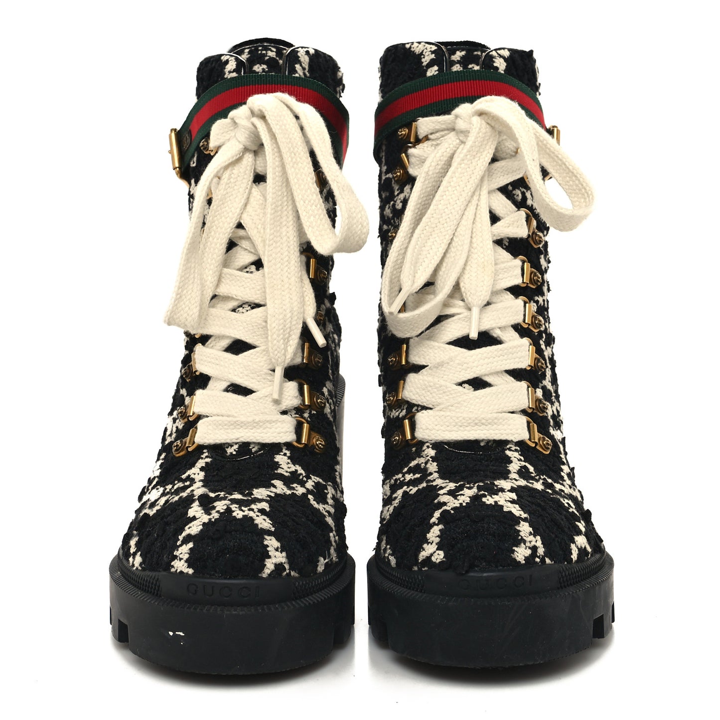Tweed GG Monogram Lace Up Combat Ankle Boots 38.5 Black