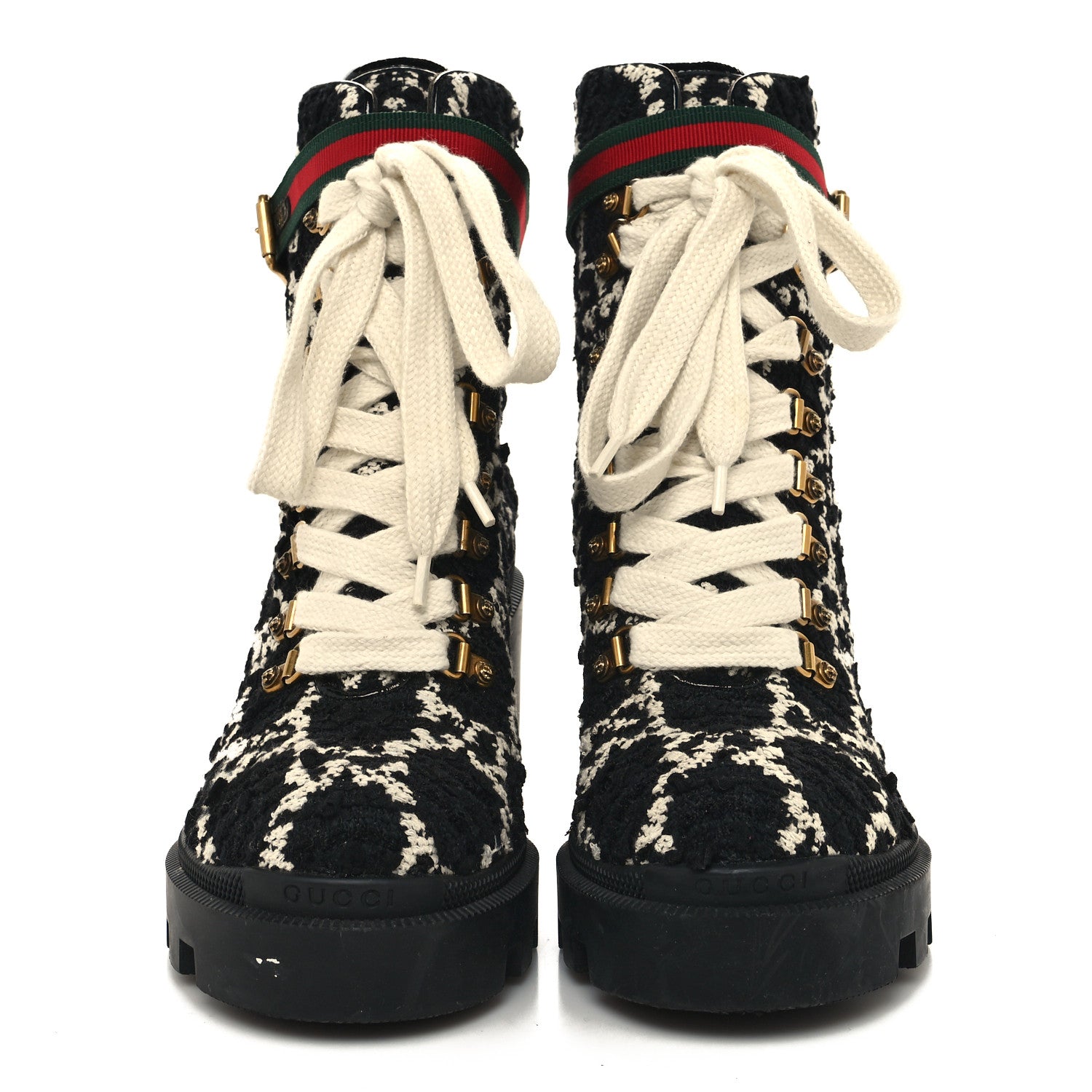 Gucci Tweed GG Monogram Lace Up Combat Ankle Boots 38.5 Black 2 of 8