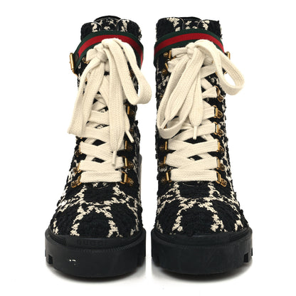 Gucci Tweed GG Monogram Lace Up Combat Ankle Boots 38.5 Black 2 of 8