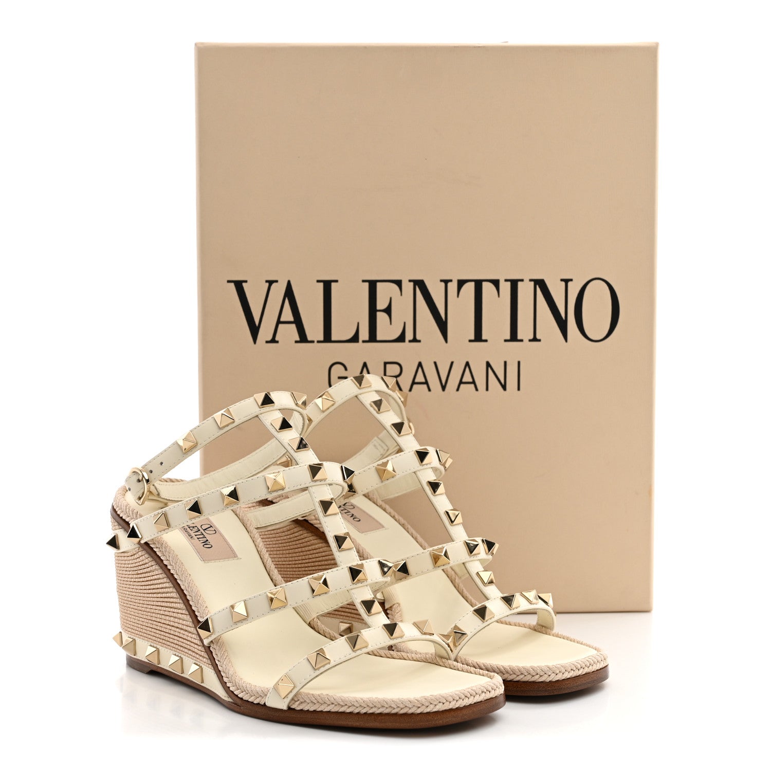 Valentino Garavani Raffia Calfskin Rockstud Ankle Strap Espadrille Caged Wedge Sandals 35 Ivory 10 of 10