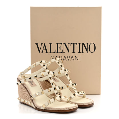 Valentino Garavani Raffia Calfskin Rockstud Ankle Strap Espadrille Caged Wedge Sandals 35 Ivory 10 of 10
