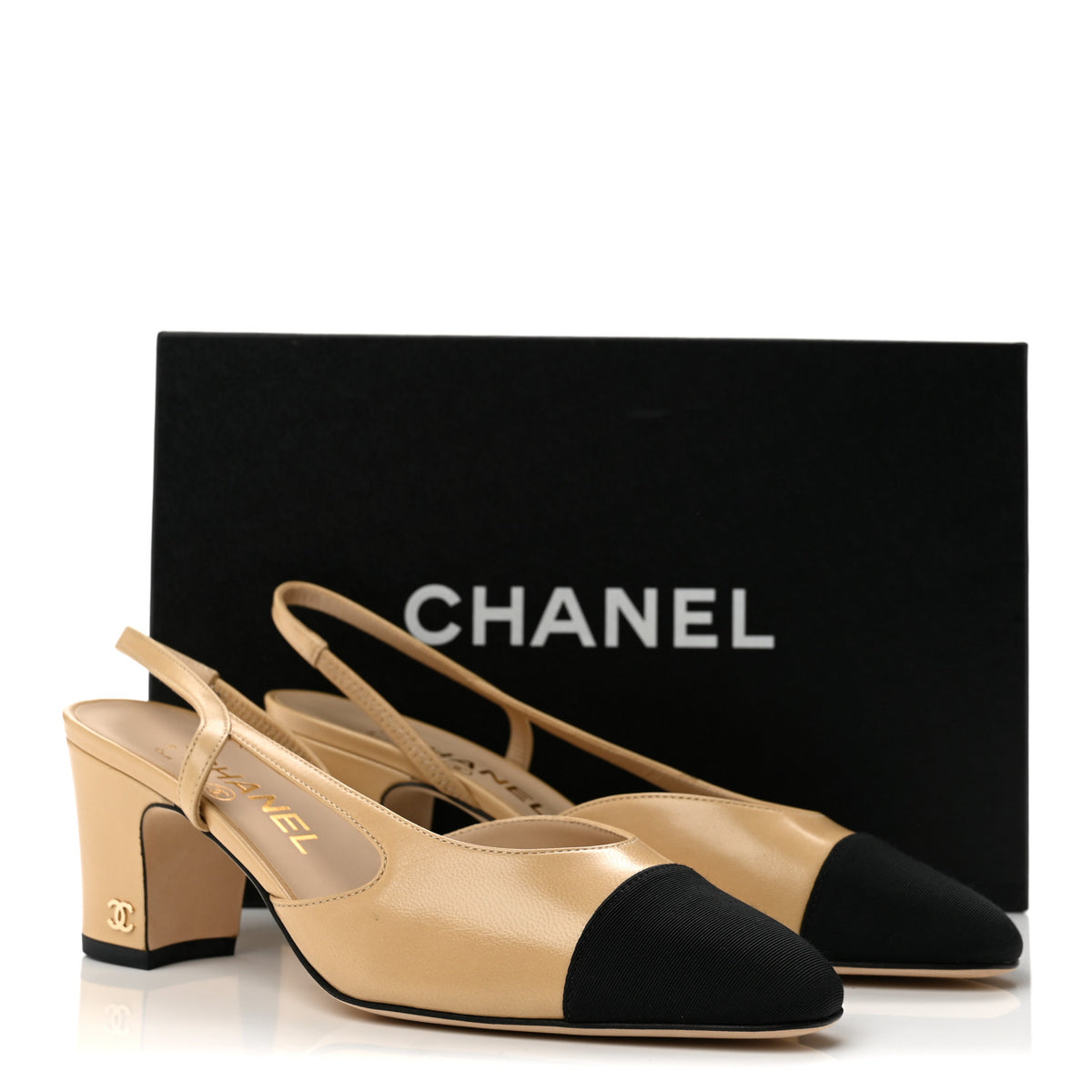 Chanel Goatskin Grosgrain Cap Toe CC Slingback Pumps 36.5 Beige Black 10 of 10