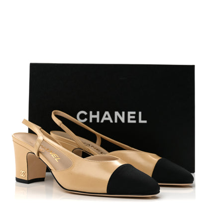 Chanel Goatskin Grosgrain Cap Toe CC Slingback Pumps 36.5 Beige Black 10 of 10