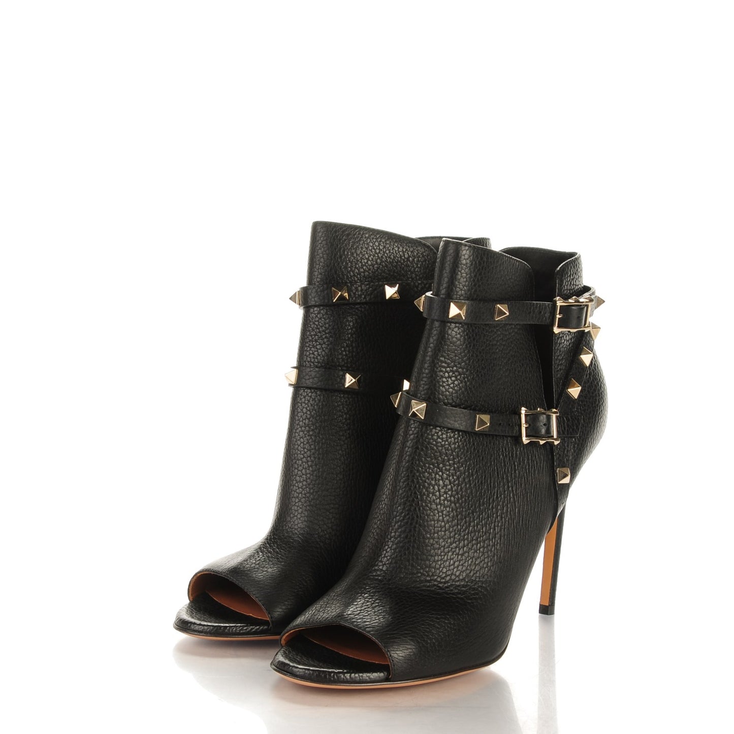 Grained Calfskin Rockstud Peep Toe Double Buckle 100mm Ankle Boots 40 Black