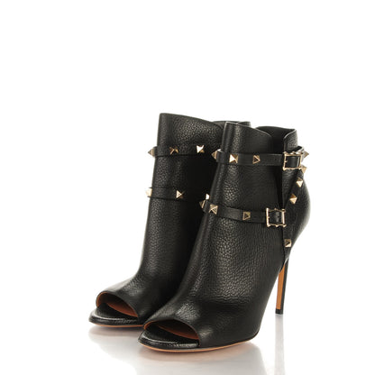 Valentino Garavani Grained Calfskin Rockstud Peep Toe Double Buckle 100mm Ankle Boots 40 Black 3 of 8
