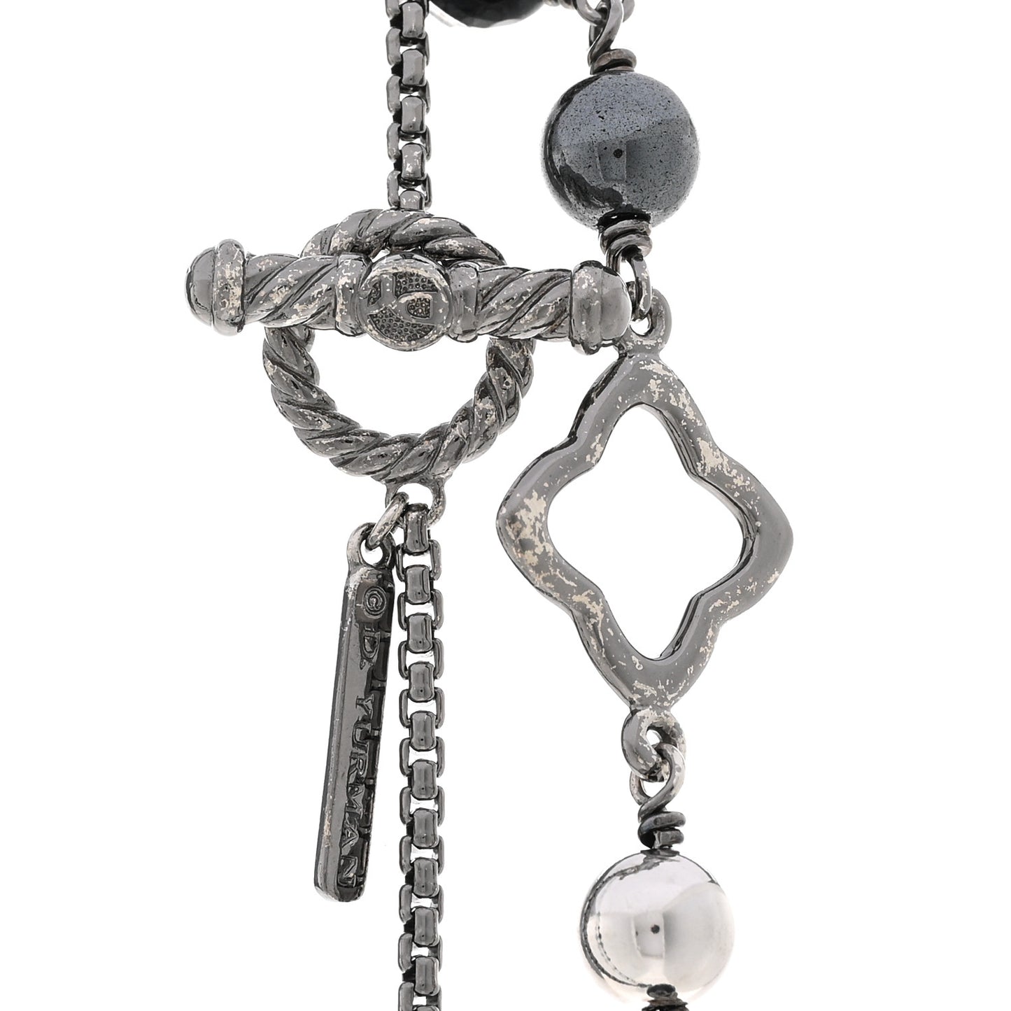 Darkened Sterling Silver Onyx Hematite Quatrefoil Bead Chain Necklace