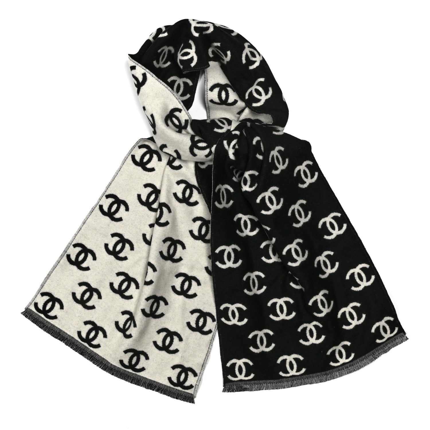 Chanel Wool Cashmere CC Scarf Black White 1 of 3