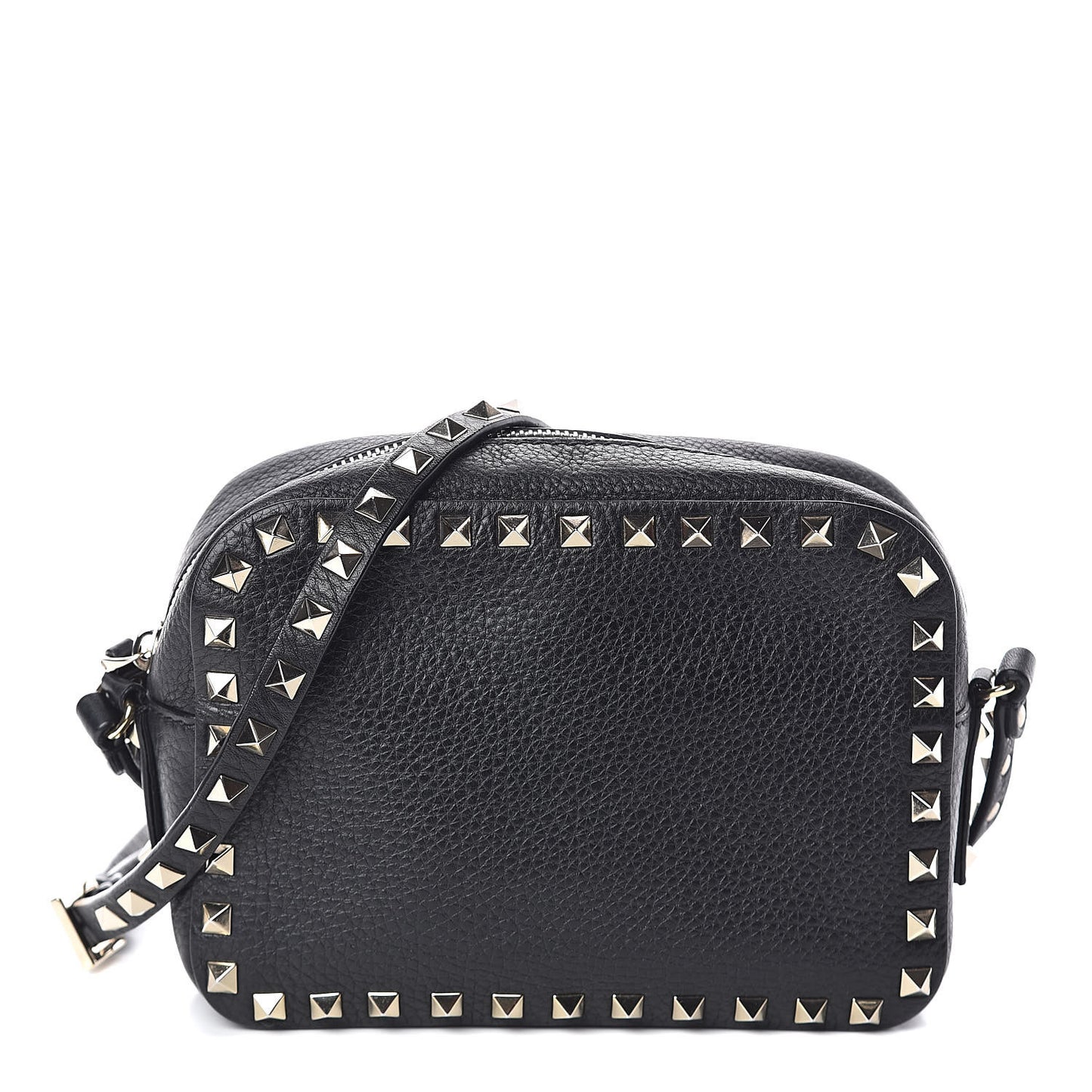 Pebbled Calfskin Rockstud Camera Crossbody Bag Black