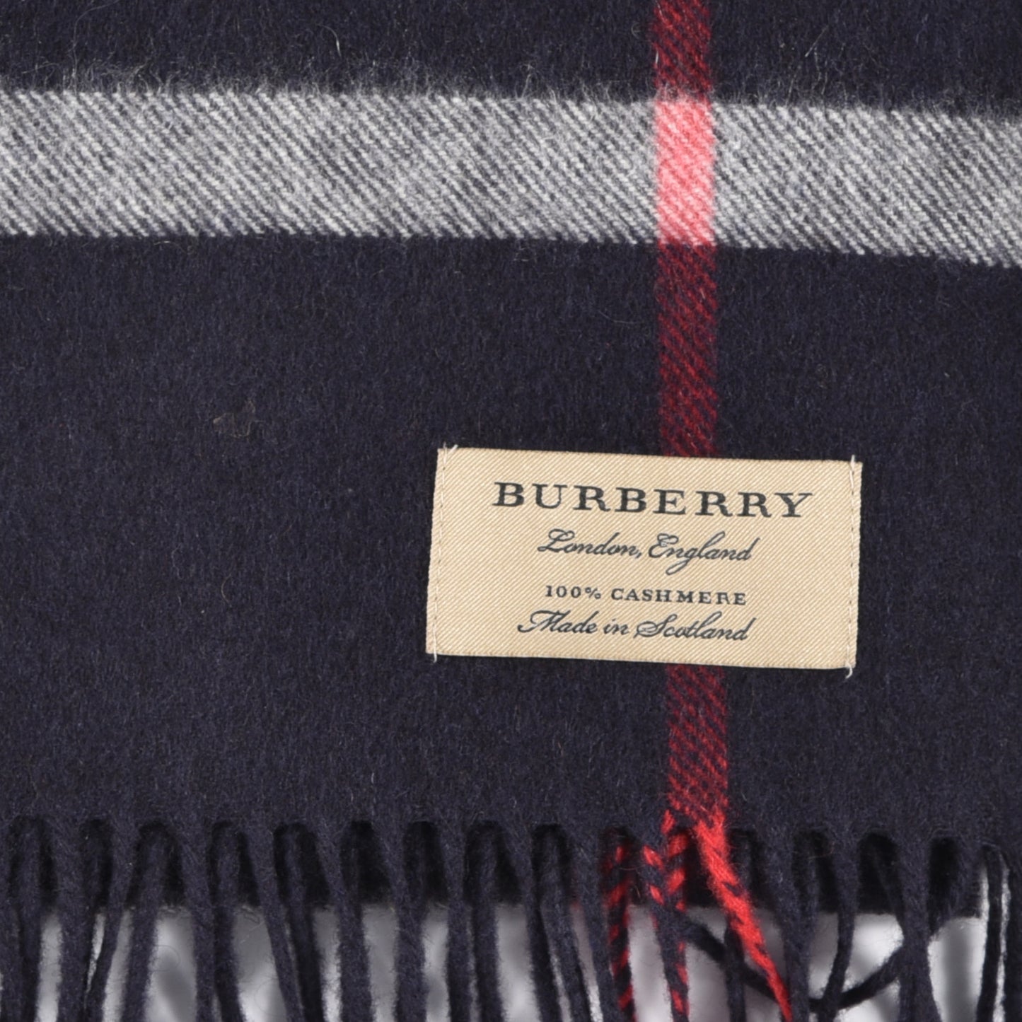 Cashmere Giant Check Fringe Scarf Navy