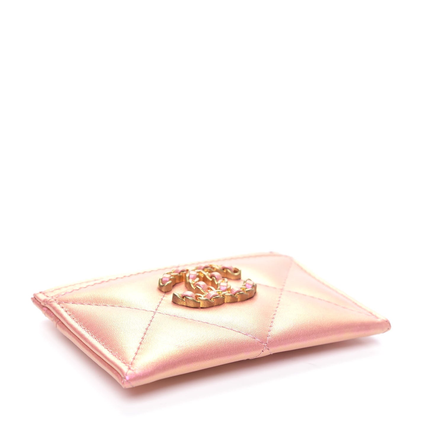 Iridescent Calfskin Quilted Chanel 19 Card Holder Pink