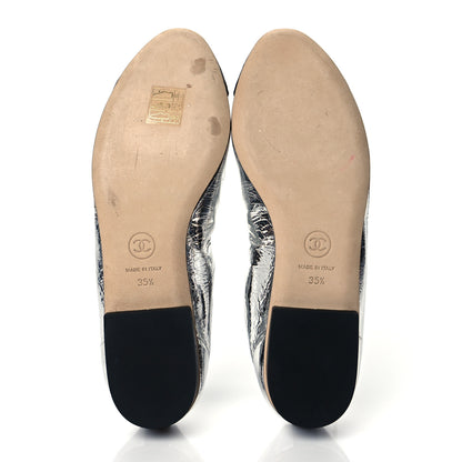 Chanel Metallic Laminated Goatskin Patent Grosgrain CC Elastic Cap Toe Ballerina Flats 35.5 Silver Black 6 of 9