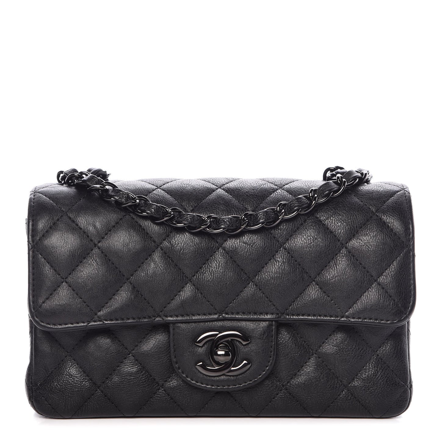 Crumpled Calfskin Quilted Mini Rectangular Flap So Black