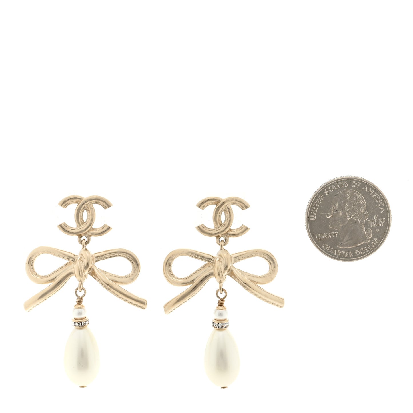 Pearl Crystal CC Bow Drop Earrings Gold Pearly White