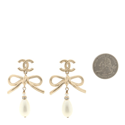 Chanel Pearl Crystal CC Bow Drop Earrings Gold Pearly White 2 of 4