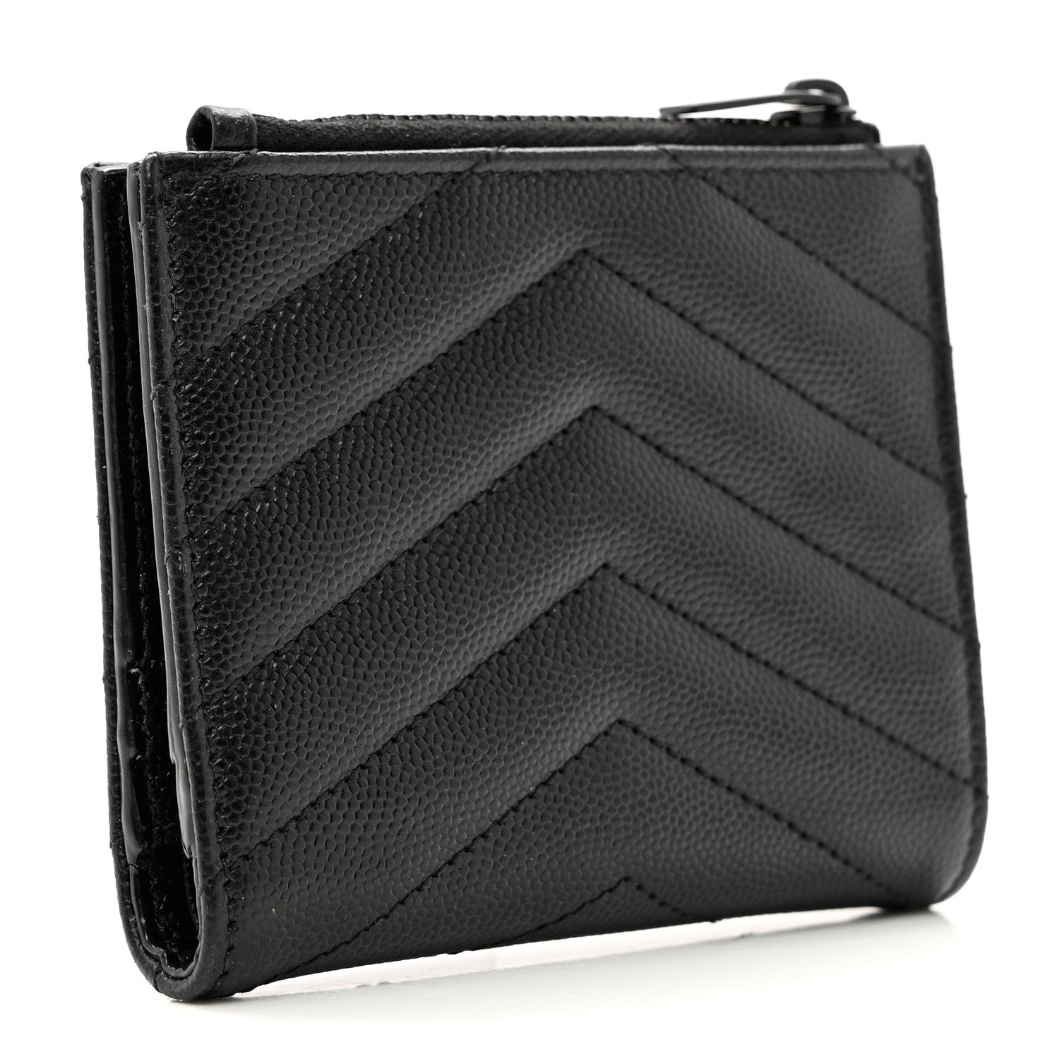 Saint Laurent Grain De Poudre Matelasse Chevron Monogram Zipped Card Case Black 3 of 7
