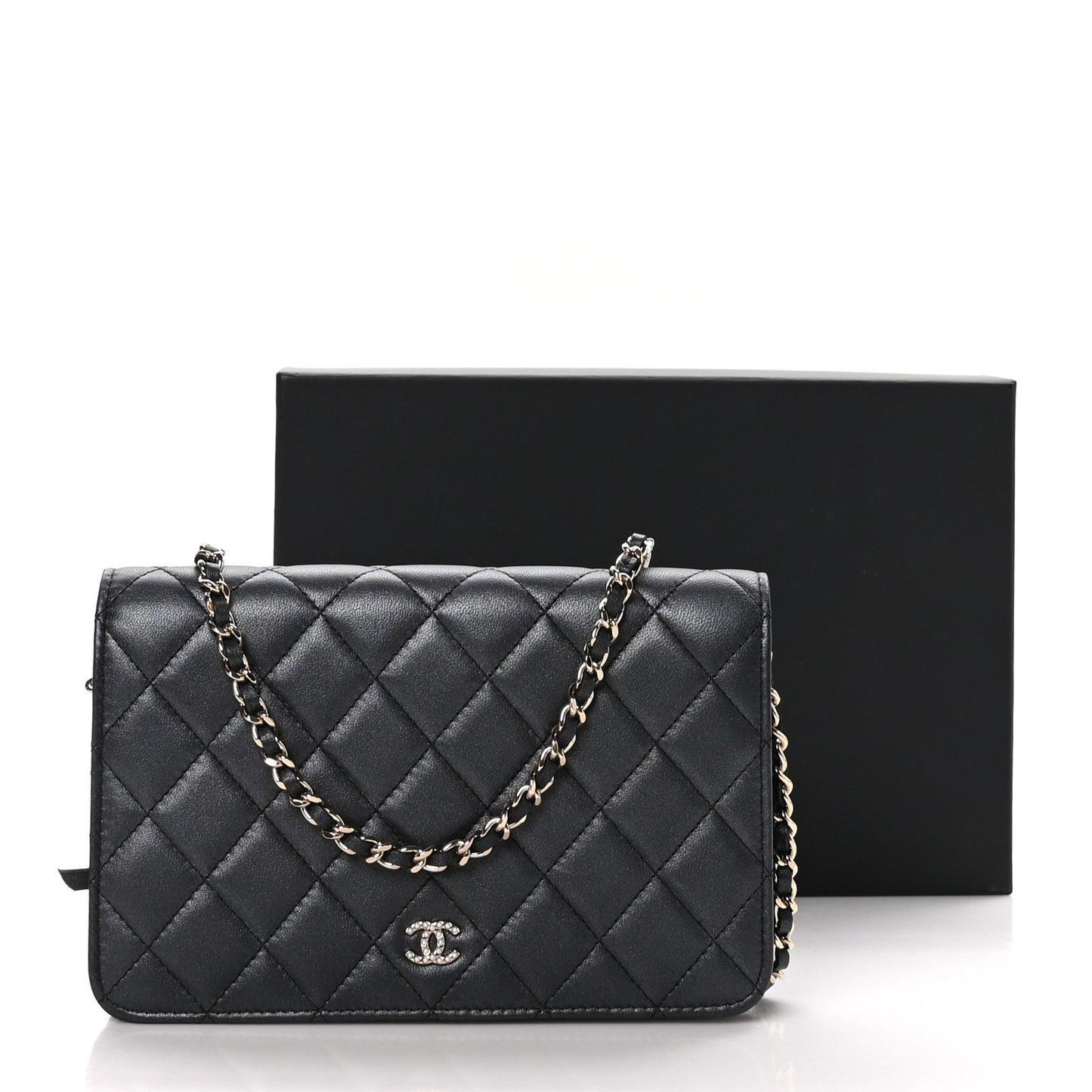 Iridescent Lambskin Quilted Pearl Wallet On Chain WOC Black