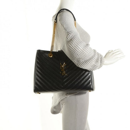 Saint Laurent Grain De Poudre Matelasse Chevron Monogram Shopping Bag Black 4 of 36
