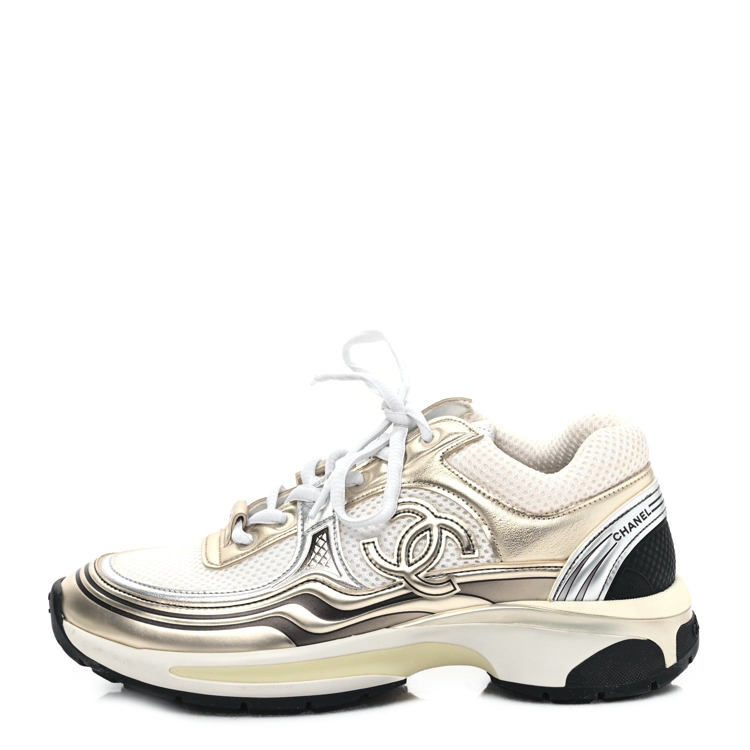 Chanel Fabric Laminated Calfskin Stretch CC Sneakers 36.5 White Gold Silver 1 of 8