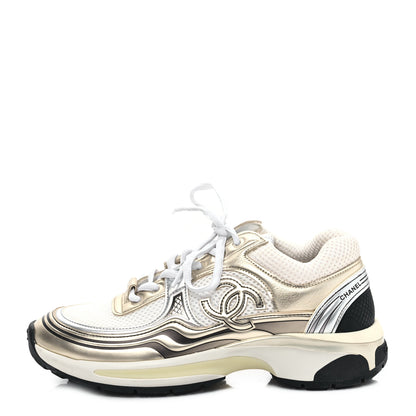 Chanel Fabric Laminated Calfskin Stretch CC Sneakers 36.5 White Gold Silver 1 of 8