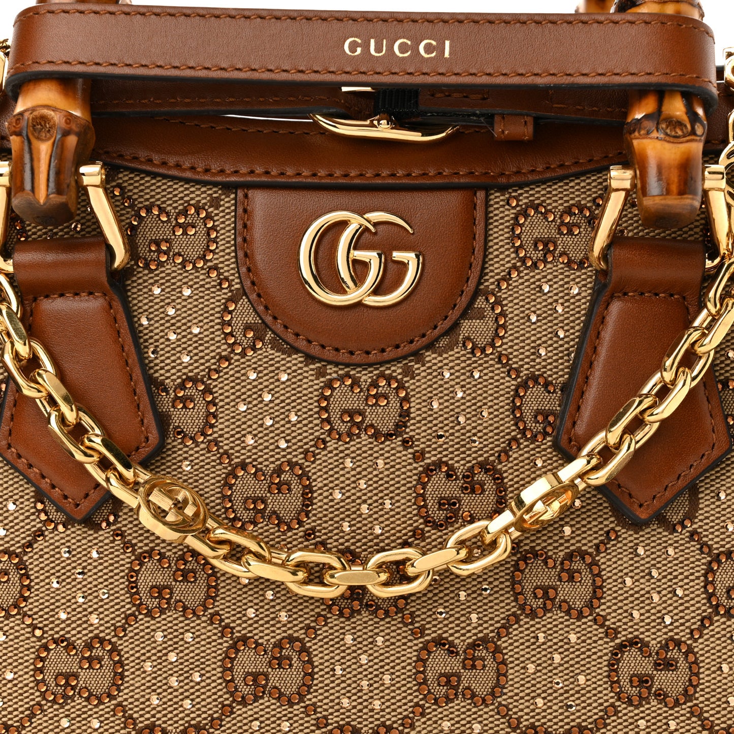 New Canvas Charisma Calfskin Crystal GG Monogram Mini Diana Tote Bag Camel Ebony