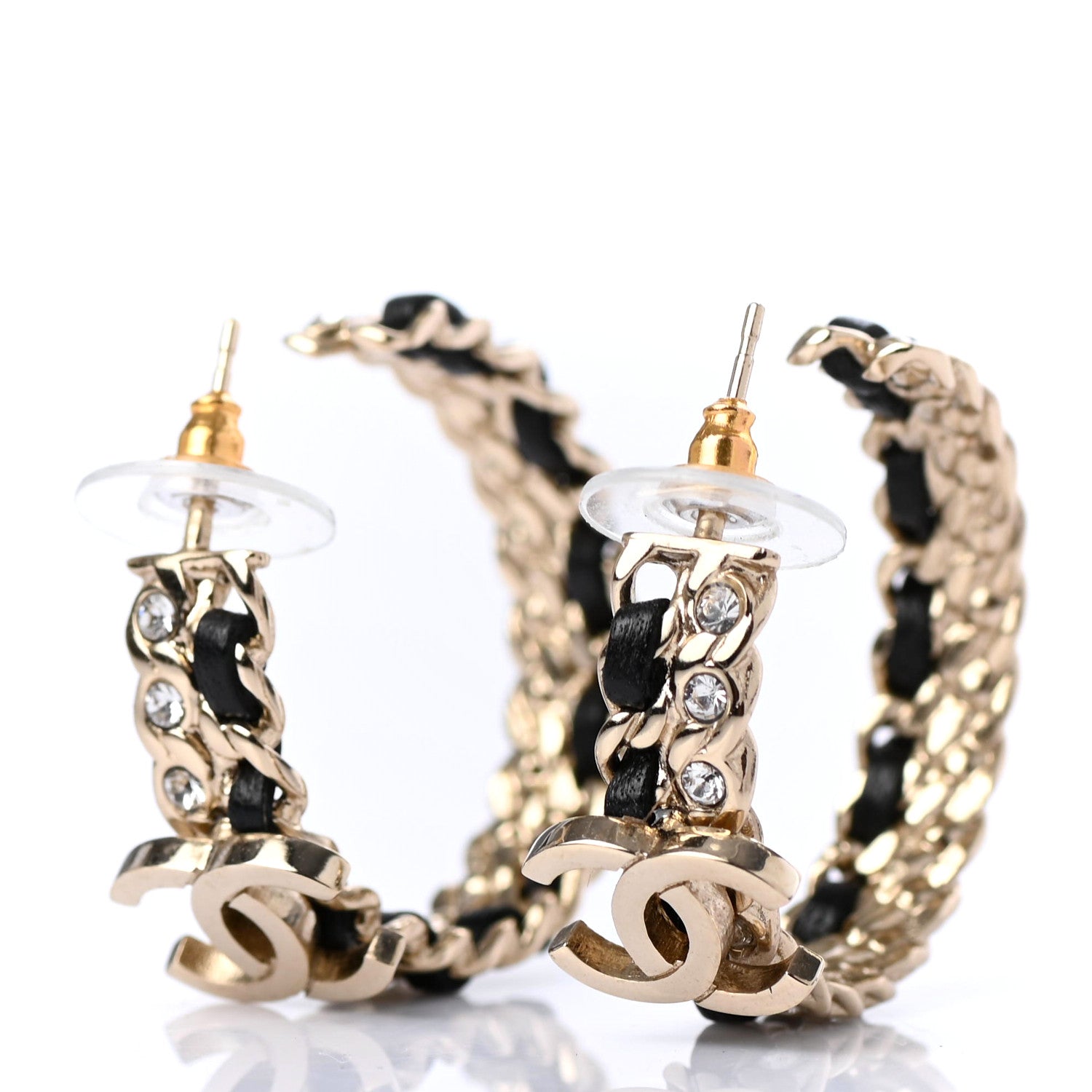 Chanel Crystal Lambskin CC Chain Hoop Earrings Gold Black 3 of 4