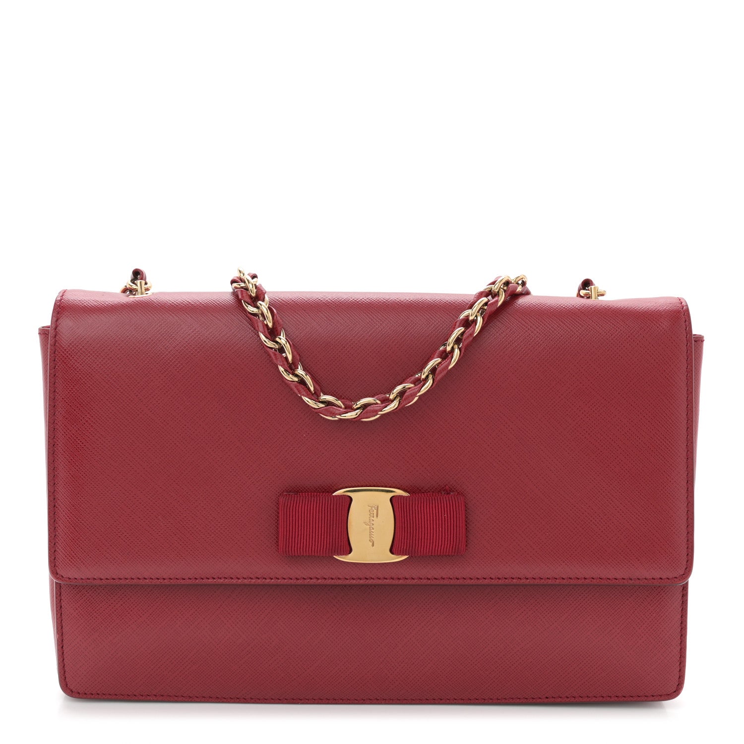 Salvatore Ferragamo Hammered Calfskin Vara Bow Chain Crossbody Red 1 of 11