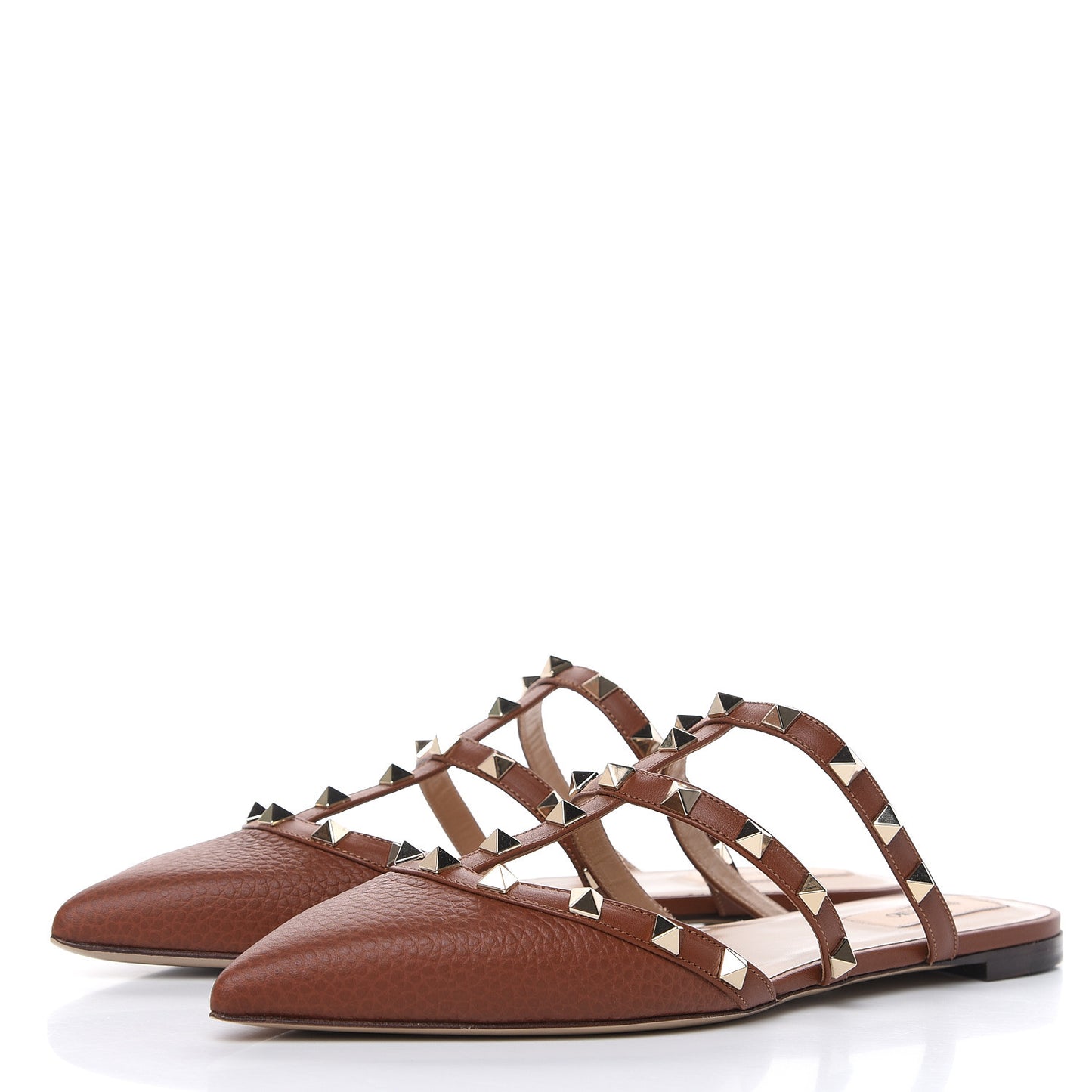 Pebbled Calfskin Rockstud Flat Cage Mules 38.5 Saddle Brown